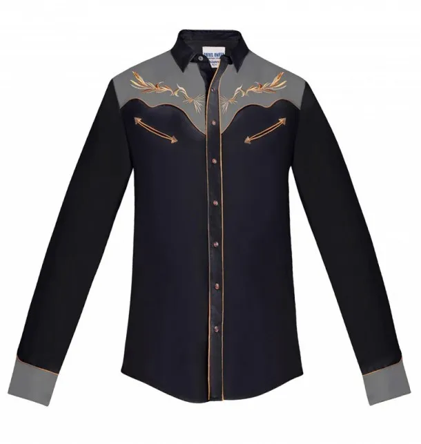 Camisa bordada colección Rafael Amaya color azul marino con canesú gris