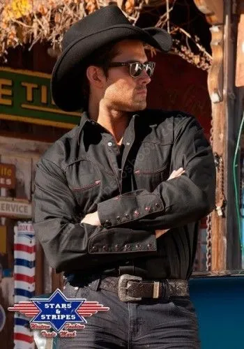Camisa básica negra para hombre estilo cowboy y rockabilly con vivos marrones