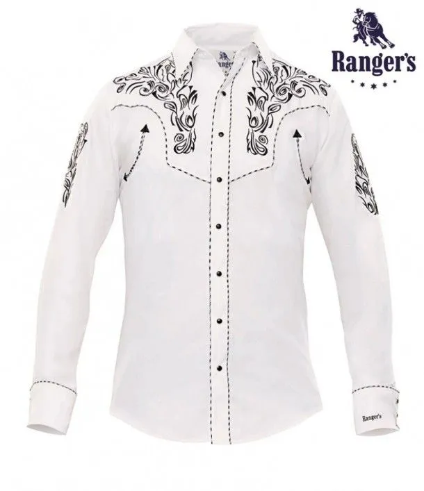 Camisa cowboy blanca con bordado negro Ranger's para hombre