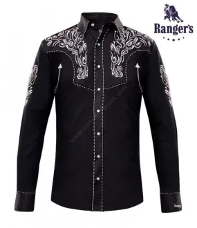 Camisa Ranger's vaquera para hombre negra con recamado blanco