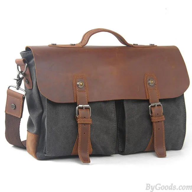 Retro Large Thick Canvas Splicing Real Leather Flap Handbag Leisure Laptop Shoulder Bag